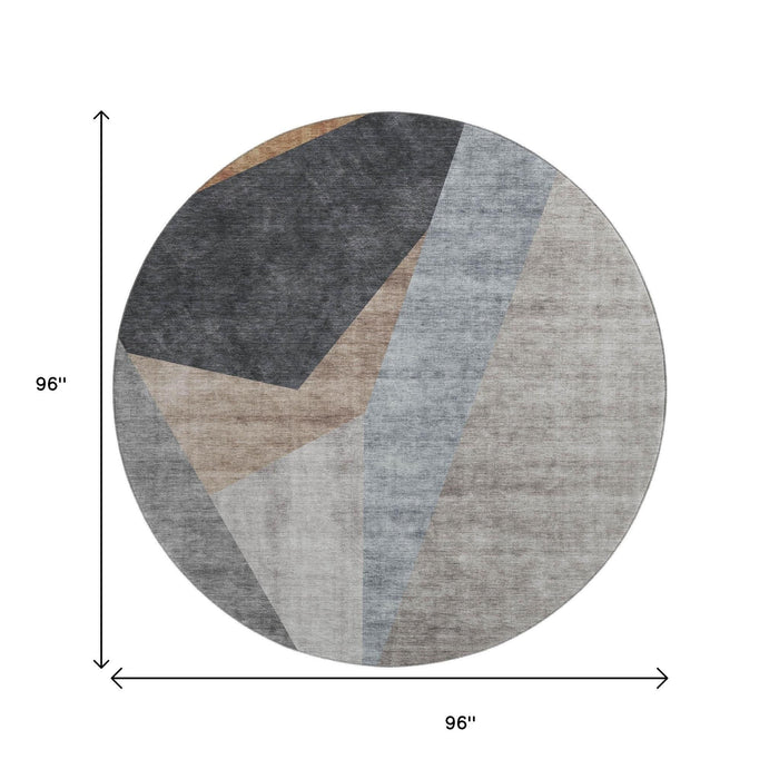 8' Geometric Washable Round Rug With UV Protection (657470) - Taupe / Blue / Beige
