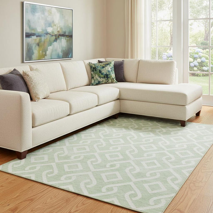 9' X 12' Geometric Washable Area Rug With UV Protection (652532) - Mint Green / Ivory