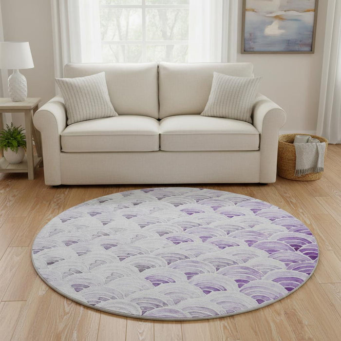 8' Geometric Washable Round Rug With UV Protection (645795) - Purple / Ivory / Gray