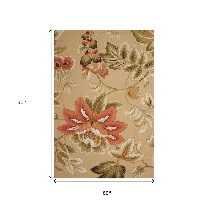 5' X 8' Botanical Leaves Hand Carved Handmade Area Rug (552613) - Beige / Red