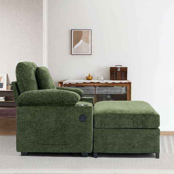 Giga fabric sofa bed with built-in cupholders and USB charging ports, showing a modern stationary chair and ottoman for living room.