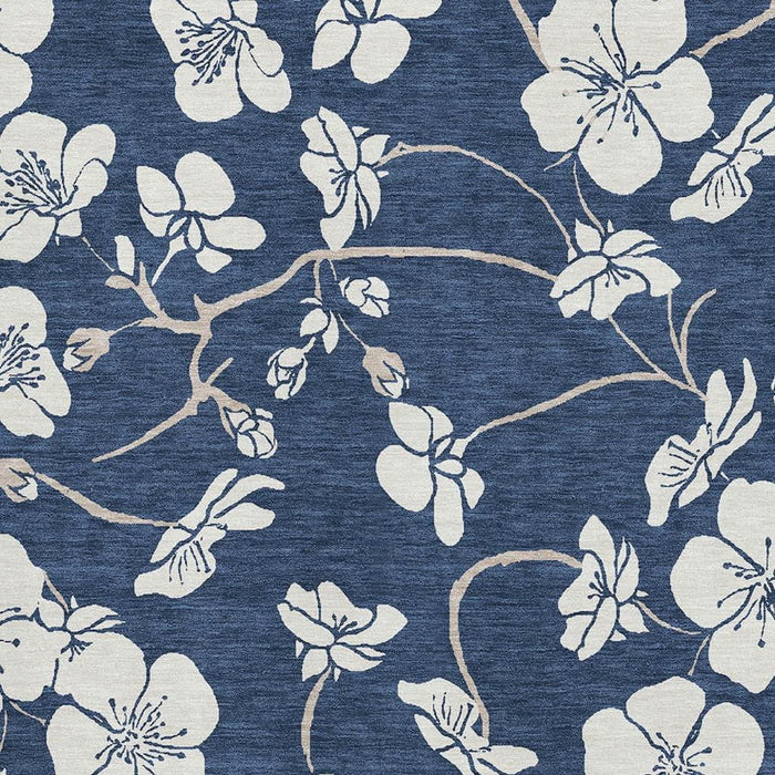 10' X 14' Floral Washable Area Rug With UV Protection (681053) - Navy Blue / Ivory