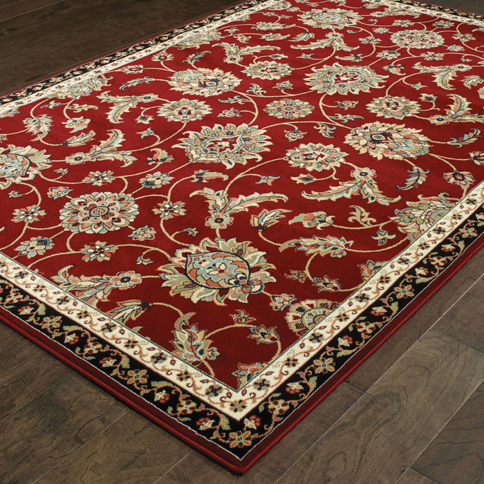 10' x 13' Oriental Power Loom Stain Resistant Area Rug - Red Black Blue Ivory Green And Salmon