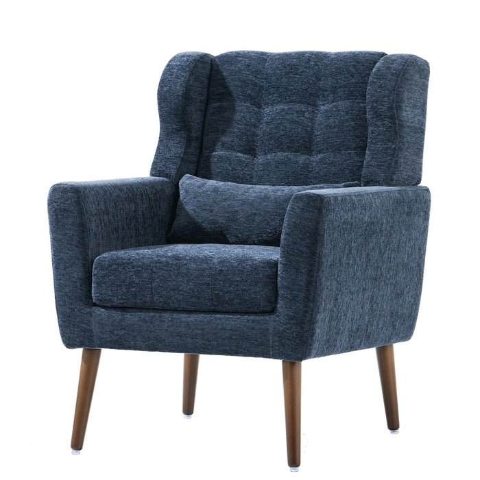 Giga modern accent armchair with upholstered soft padding, wooden legs, pillow, ideal for living room or bedroom seating.