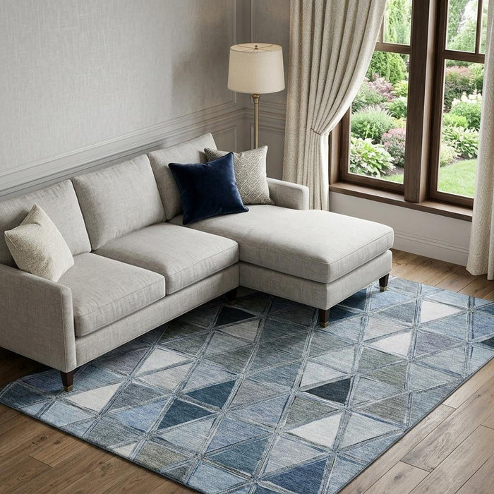 8' X 10' Geometric Washable Area Rug With UV Protection (657621) - Blue / Gray / Ivory