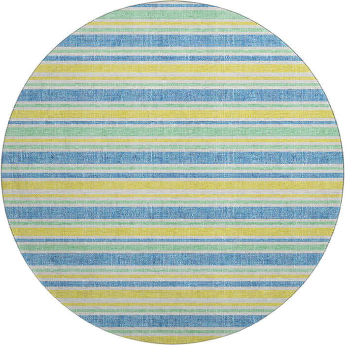8' Striped Washable Round Rug With UV Protection (647893) - Yellow / Blue