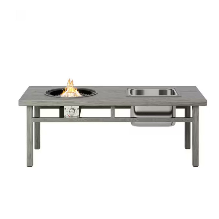 Giga 3-in-1 outdoor propane fire pit table in gray with 50,000 BTU, featuring an integrated ice bucket and tabletop.
