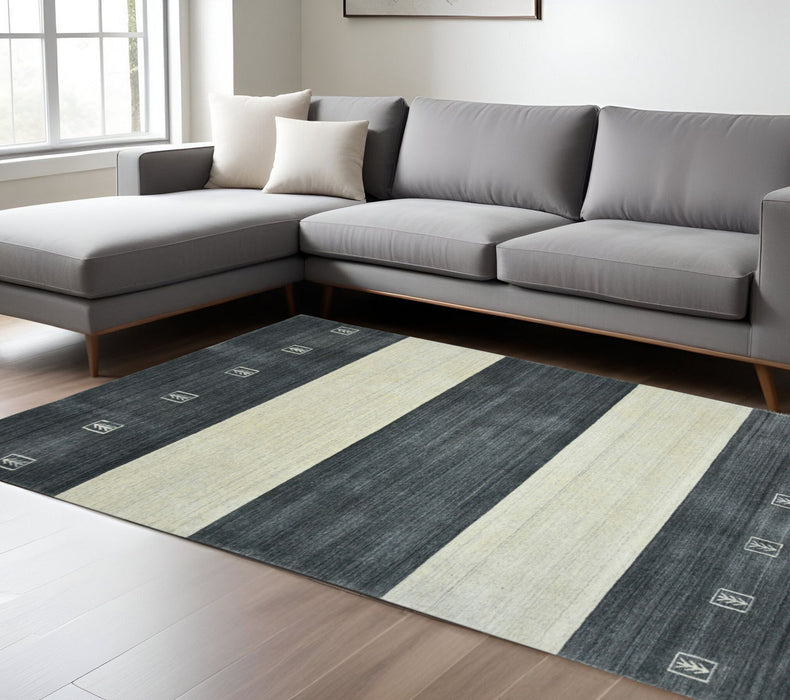 8' X 10' Wool Striped Hand Woven Area Rug - Charcoal And Ivory