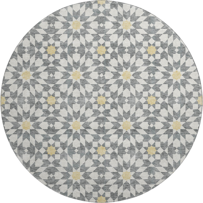8' Geometric Washable Round Rug With UV Protection - Gray