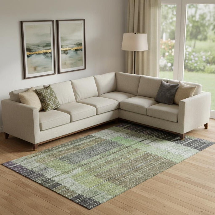 10' X 14' Striped Washable Area Rug With UV Protection (709510) - Artichoke Green / Purple / Charcoal