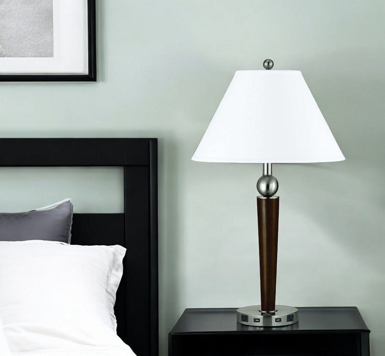 Metal Geometric USB Table Lamp With White Empire Shade - Nickel