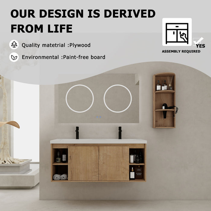 Modern 48-inch Giga wall-mounted bathroom vanity with double resin sinks, storage rack, soft-close doors, in imitation oak finish.