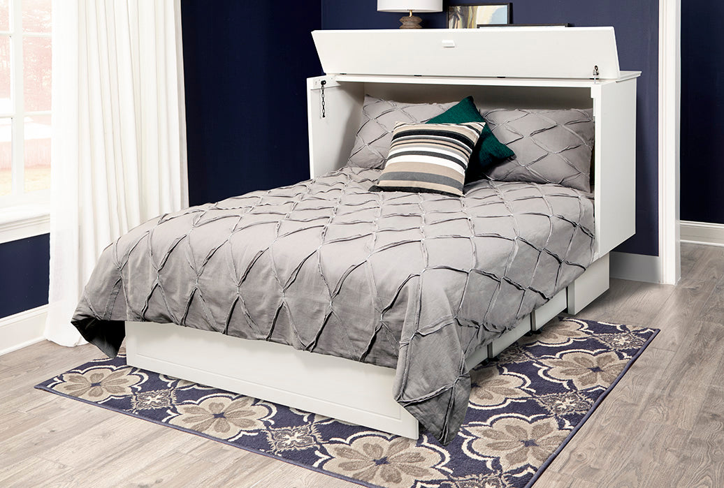 White Cottage Cottage Creden-ZzZ Queen Murphy Cabinet Bed by Arason Enterprises, Inc, shown open with storage and mattress visible.