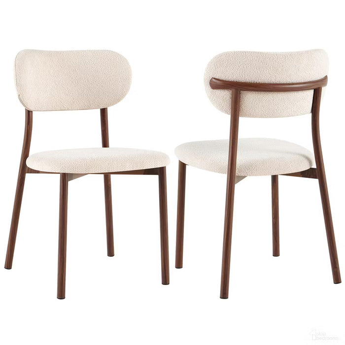 Set of 2 Chintaly Aurora contemporary dining side chairs with walnut finish steel frames and beige fabric upholstery.