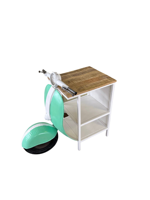Green and white novelty scooter accent cabinet with two open shelves, stylish storage piece by HomeRoots.