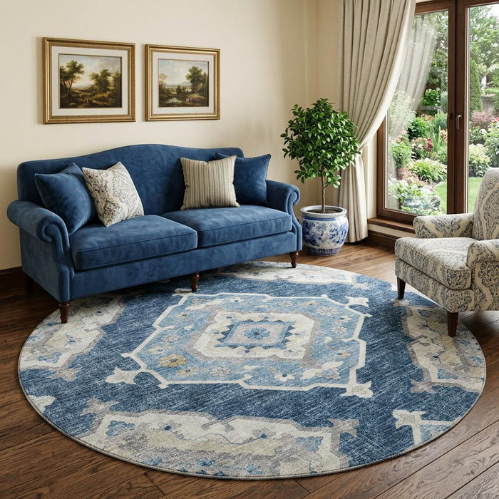 8' Tribal Distressed Washable Round Rug With UV Protection (644195) - Blue / Ivory