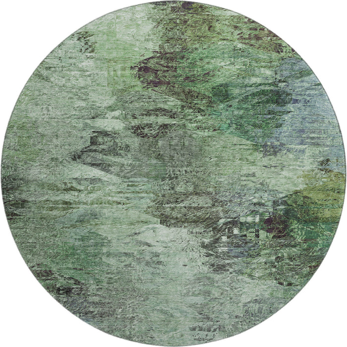 8' Abstract Washable Round Rug With UV Protection (650635) - Green / Brown / Ivory