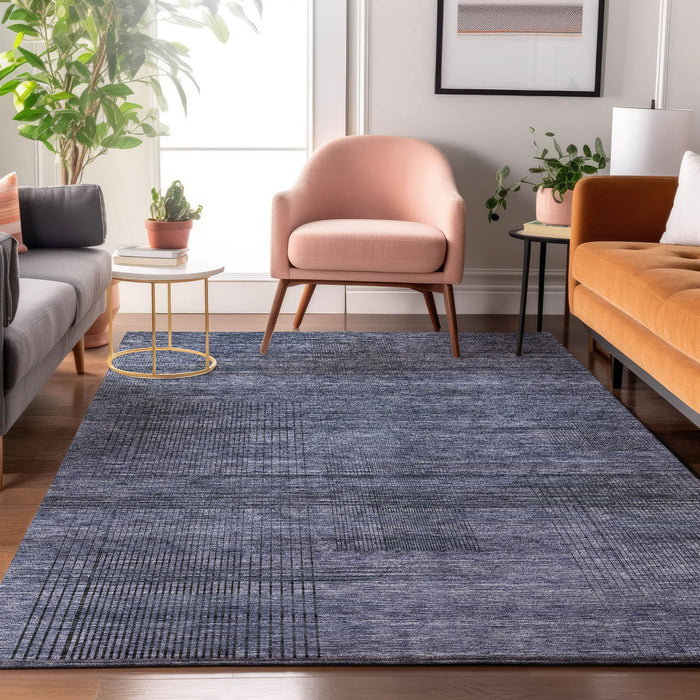 10' X 14' Striped Washable Area Rug With UV Protection - Navy Blue And Gray