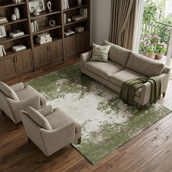 10' X 14' Abstract Washable Area Rug With UV Protection (680669) - Olive Green / Ivory