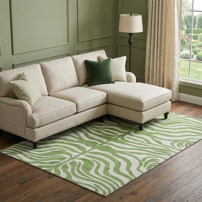 10' X 14' Animal Print Washable Area Rug With UV Protection (681761) - Green / Ivory