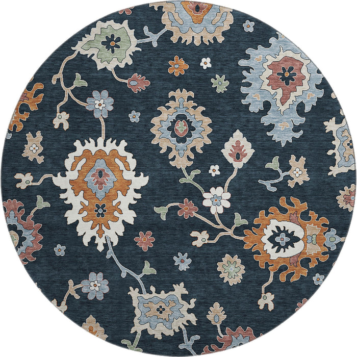 8' Floral Medallion Washable Round Rug With UV Protection - Black