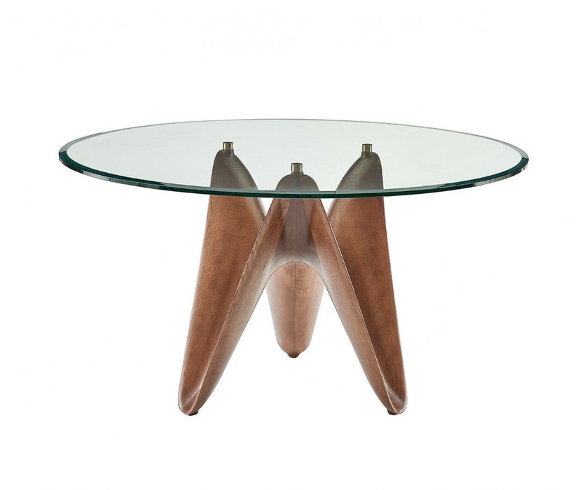 59" Rounded Glass And Solid Manufactured Wood Pedestal Base Dining Table - Clear