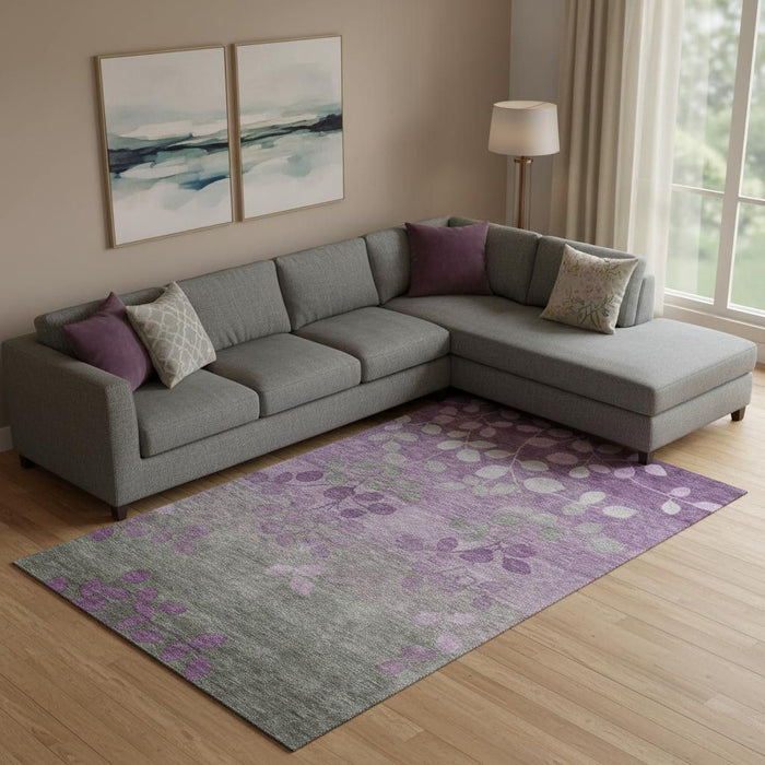 10' X 14' Floral Washable Area Rug With UV Protection (707515) - Purple / Gray