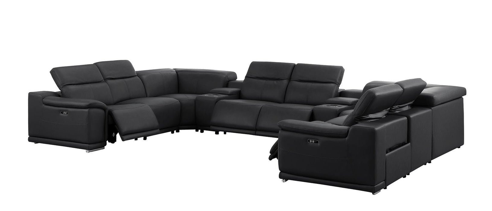 Leather Modular U Shaped Ten Piece Corner Sectional With Console - Black
