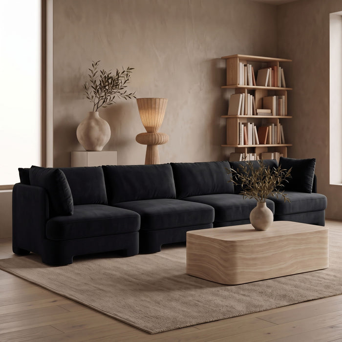 Meridian Furniture Velvet Performance Fabric 4-piece sectional sofa with upholstered stationary sectionals in a modern design.