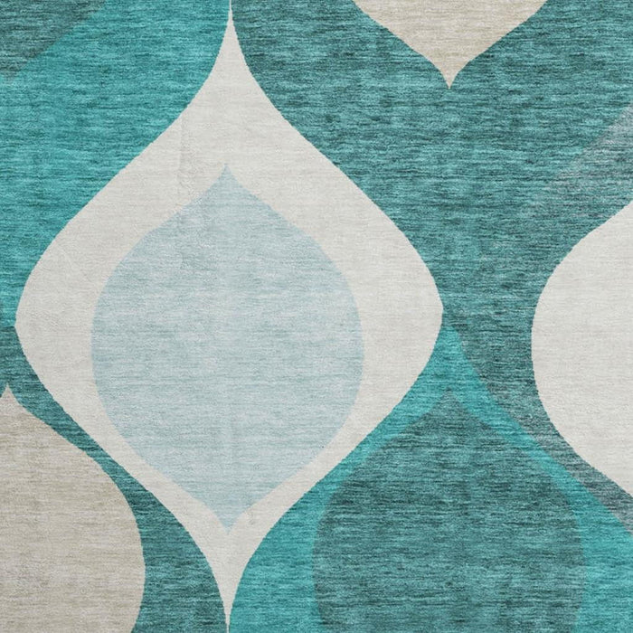 8' Ogee Washable Round Rug With UV Protection - Teal And Ivory