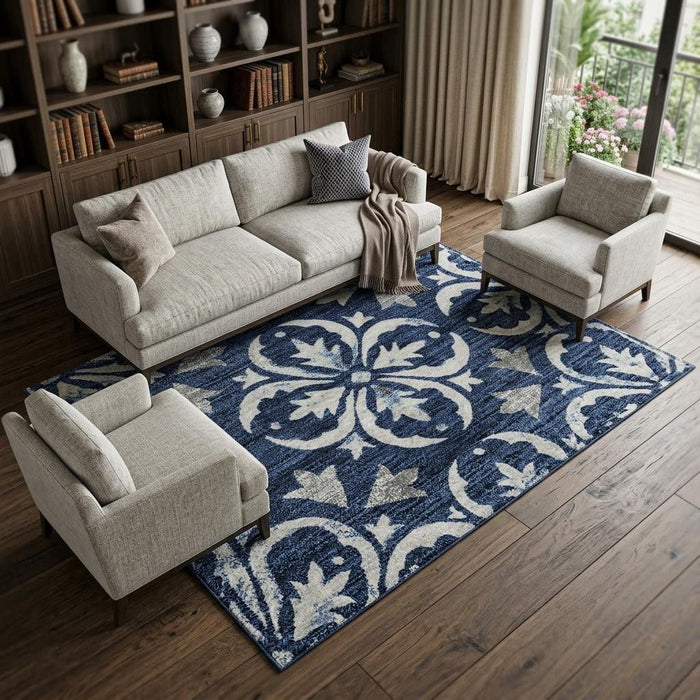 10' X 14' Floral Washable Area Rug With UV Protection (673957) - Navy Blue / Ivory