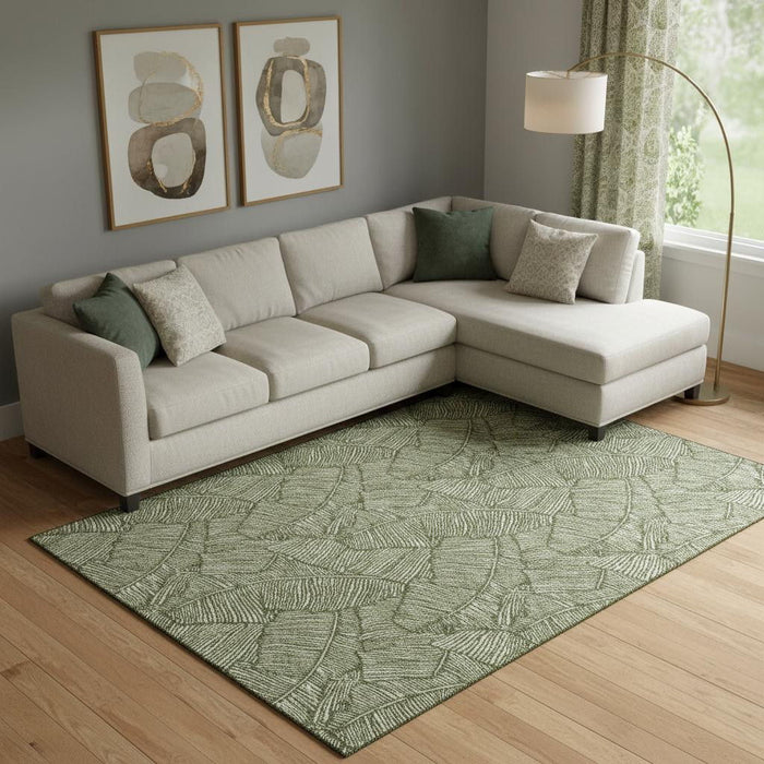 10' X 14' Floral Washable Area Rug With UV Protection (672629) - Olive Green / Ivory