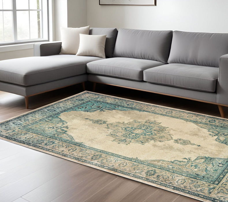 10' X 13' Oriental Distressed Area Rug - Ivory And Blue