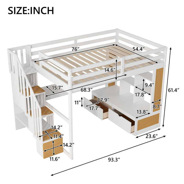 Giga full size loft bed with desk, shelves, built-in drawers, and storage staircase in natural and white finish.