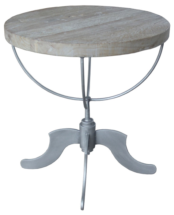 Reclaimed wood and iron round pedestal end table in brown with natural wood grain and sturdy iron base, ideal for living room decor.