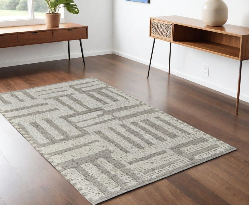 4' x 6' Wool Geometric Hand Woven Area Rug - Gray And Ivory