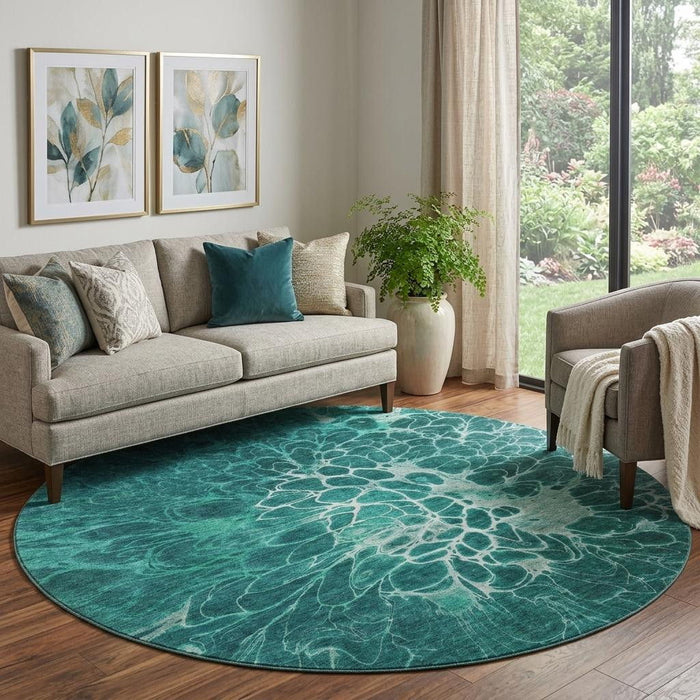 8' Abstract Washable Round Rug With UV Protection (654587) - Teal / Ivory