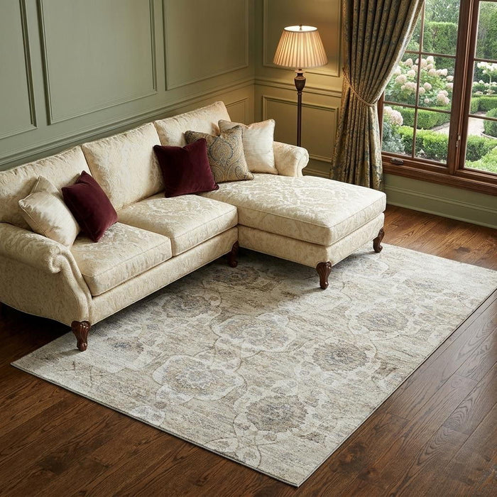 10' X 14' Floral Medallion Distressed Washable Area Rug With UV Protection (644580) - Linen / Ivory