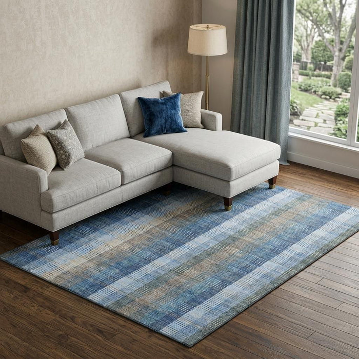 10' X 14' Plaid Washable Area Rug With UV Protection (676458) - Denim Blue / Gray / Beige