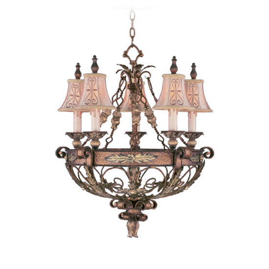 Five Light Metal Dimmable Chandelier With Shades - Bronze / Cream