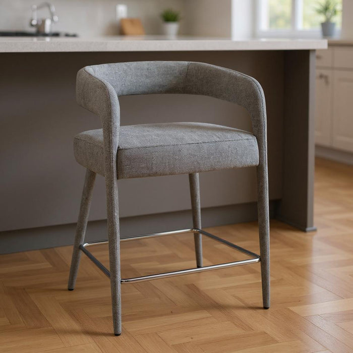 25" Modern Metal And Fabric Low Back Counter Height Bar Chair - Gray