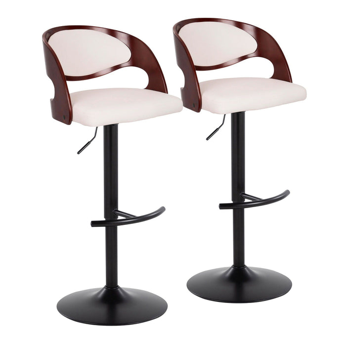 Pino - Mid-Century Modern Adjustable Swivel Barstool (Set of 2) - Black Metal, Cherry Wood And White Faux Leather With Rounded T Footrest