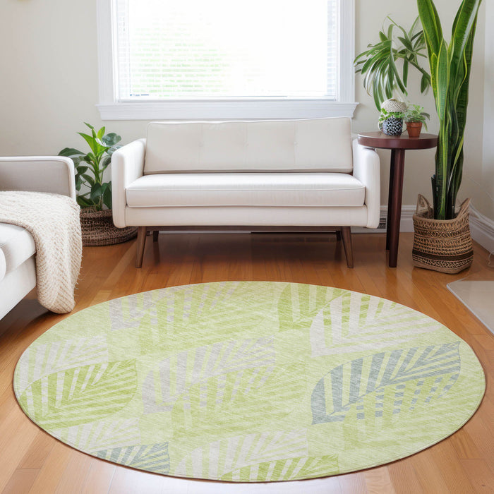 8' Transitional Floral Washable Round Rug With UV Protection - Artichoke Green