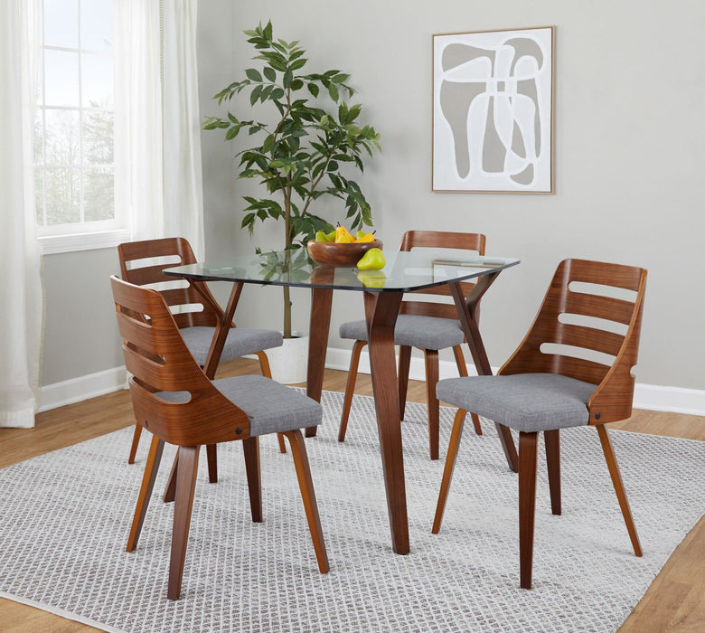 Folia - Trevi 5 Piece Square Dining Set - Walnut Wood, Clear Glass, Gray Fabric