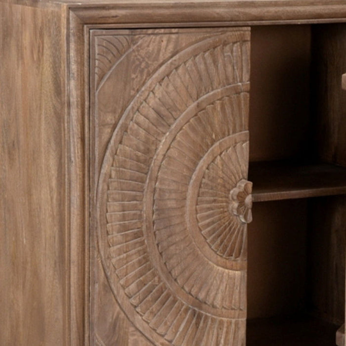 Solid Wood Two Door Floral Carved Accent Cabinet - Distressed Brown