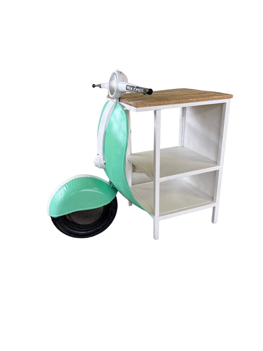 Green and white novelty scooter accent cabinet with open shelves, ideal for stylish storage from HomeRoots.