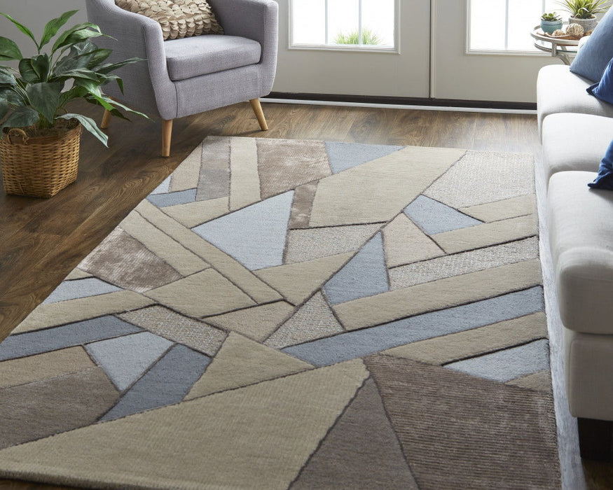 8' x 10' Wool Geometric Tufted Handmade Area Rug - Tan Brown And Blue