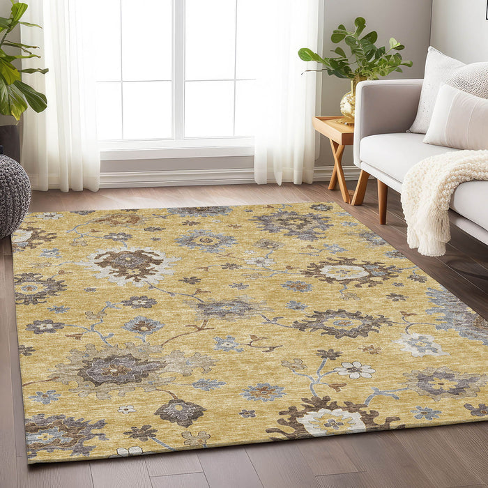 8' X 10' Floral Medallion Washable Area Rug With UV Protection - Gold