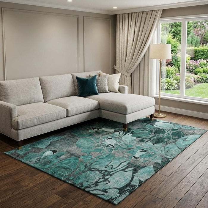 10' X 14' Abstract Distressed Washable Area Rug With UV Protection (649006) - Teal / Gray