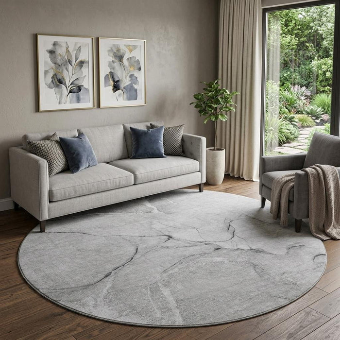 8' Abstract Washable Round Rug With UV Protection (646963) - Gray / Ivory